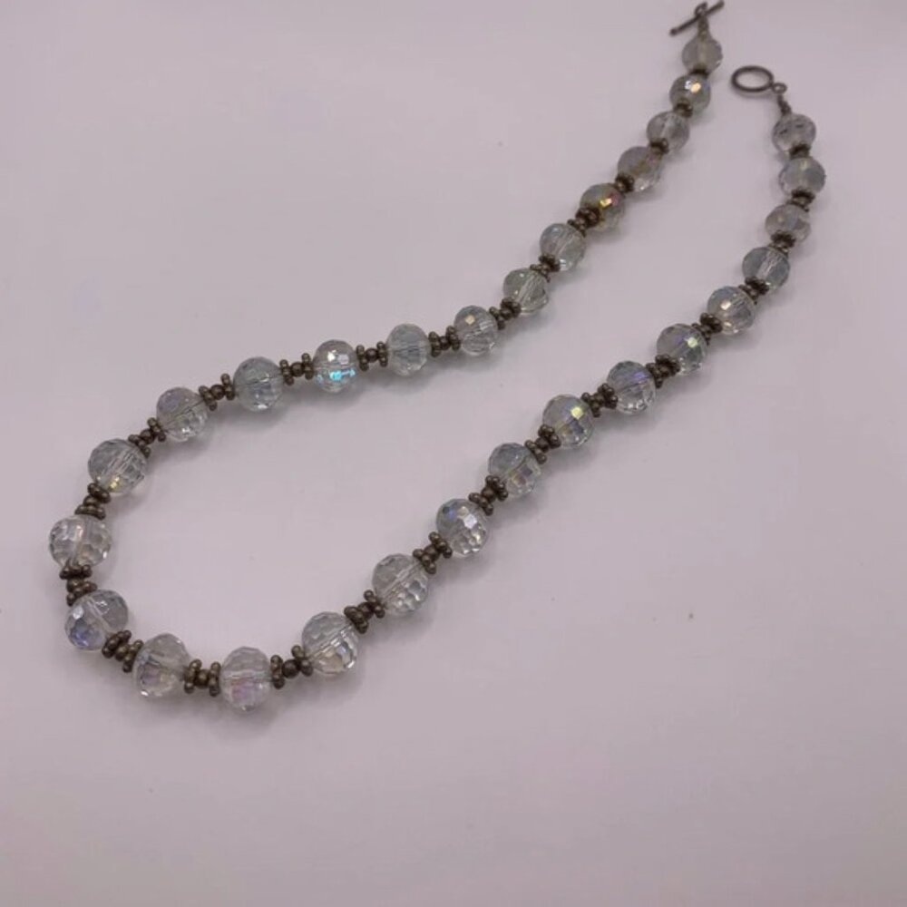#012 Vintage faceted AB crystal necklace with silver tone spacers